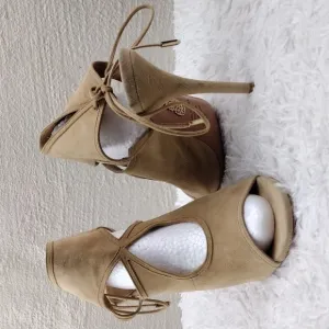 Aquazzura Firenze Tan Suede Leather Open Toe Tie Back Ankle Cuff Stiletto Heels