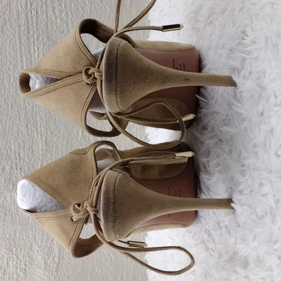 Aquazzura Firenze Tan Suede Leather Open Toe Tie Back Ankle Cuff Stiletto Heels