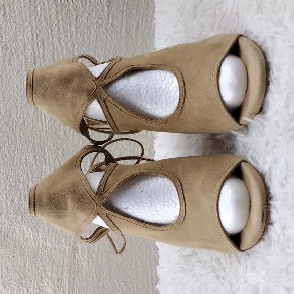 Aquazzura Firenze Tan Suede Leather Open Toe Tie Back Ankle Cuff Stiletto Heels