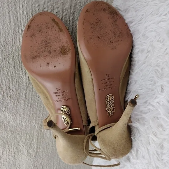 Aquazzura Firenze Tan Suede Leather Open Toe Tie Back Ankle Cuff Stiletto Heels