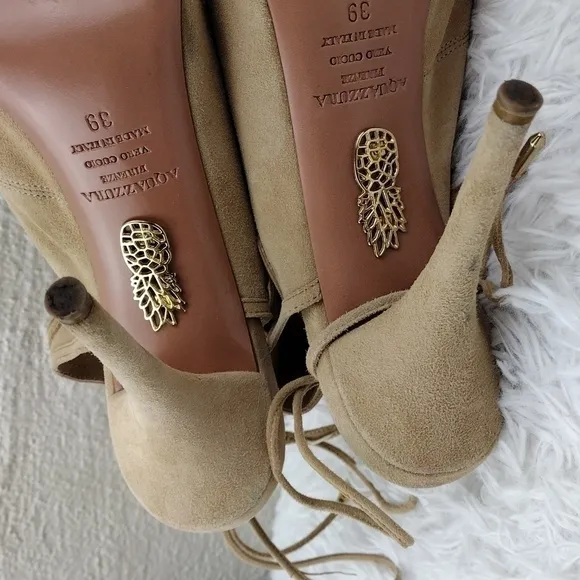 Aquazzura Firenze Tan Suede Leather Open Toe Tie Back Ankle Cuff Stiletto Heels