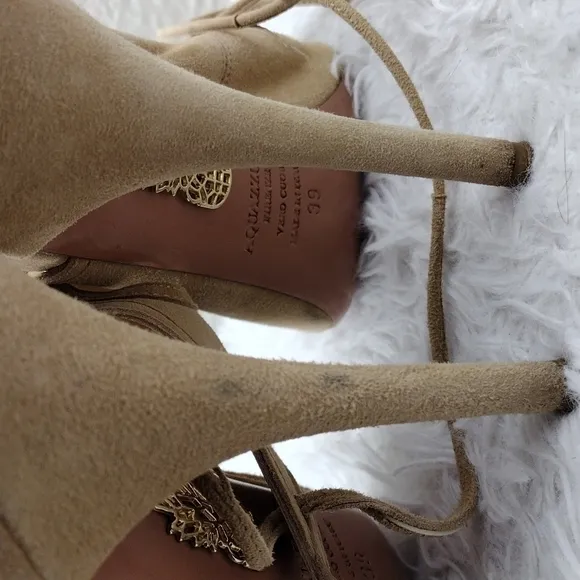Aquazzura Firenze Tan Suede Leather Open Toe Tie Back Ankle Cuff Stiletto Heels