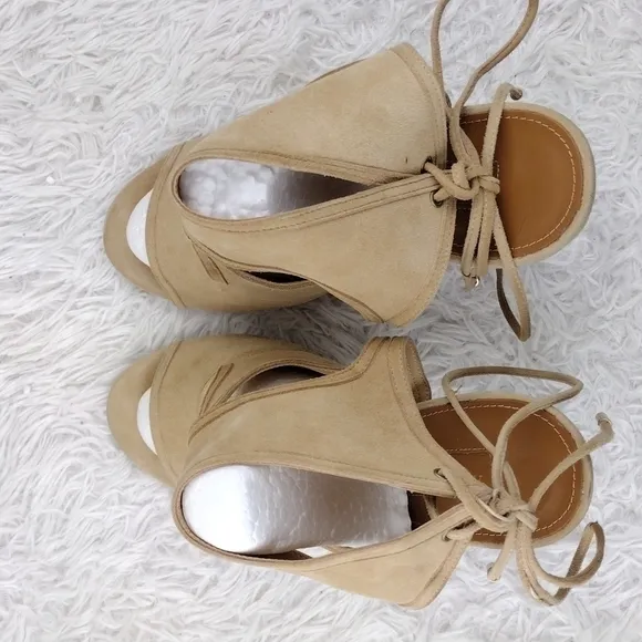 Aquazzura Firenze Tan Suede Leather Open Toe Tie Back Ankle Cuff Stiletto Heels