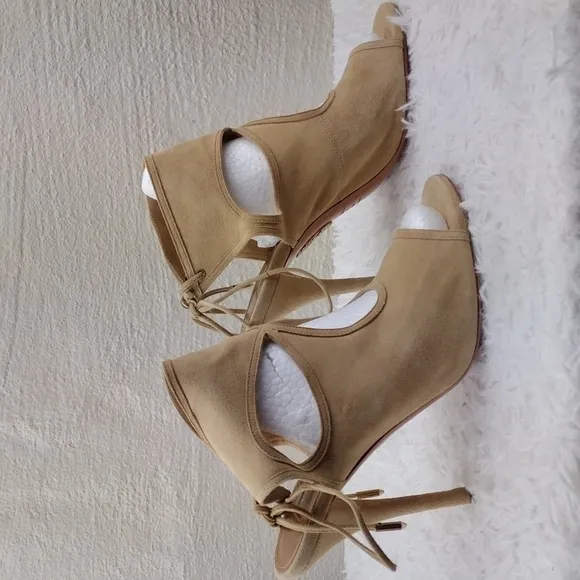 Aquazzura Firenze Tan Suede Leather Open Toe Tie Back Ankle Cuff Stiletto Heels