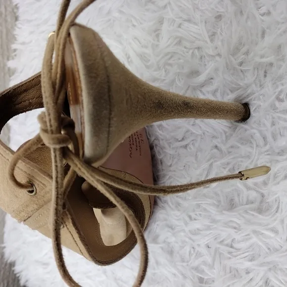 Aquazzura Firenze Tan Suede Leather Open Toe Tie Back Ankle Cuff Stiletto Heels