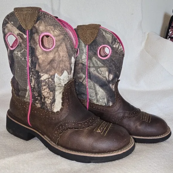 Ariat Brown and Pink Western Boots with Camo Print