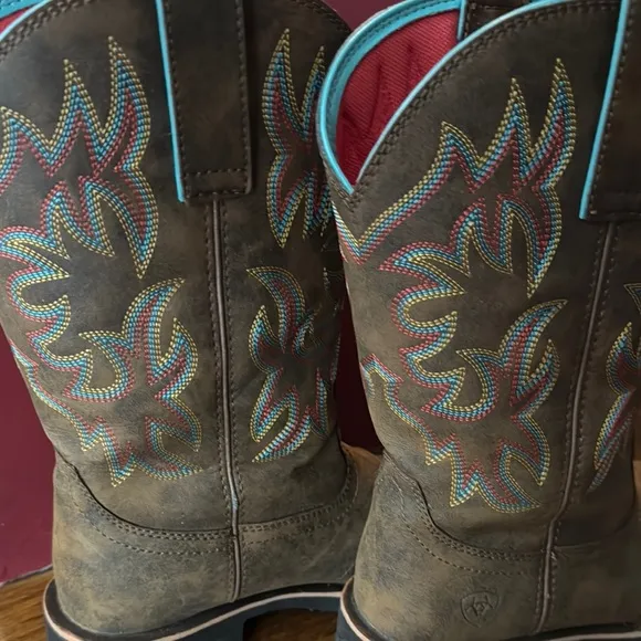 Ariat brown Suede Western Boots with Classic colorful Stitching
