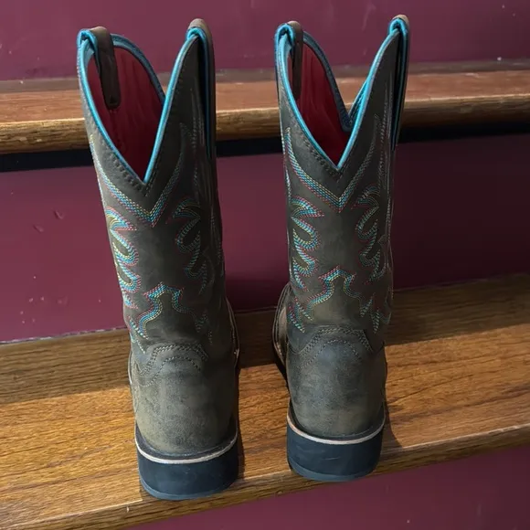 Ariat brown Suede Western Boots with Classic colorful Stitching