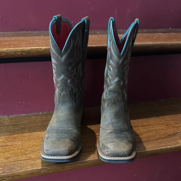 Ariat brown Suede Western Boots with Classic colorful Stitching