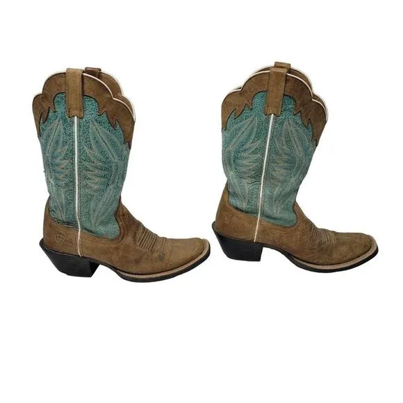Ariat Leather Cowboy Boots 6B Round Up Outfitter Teal Brown Square Toe Rodeo