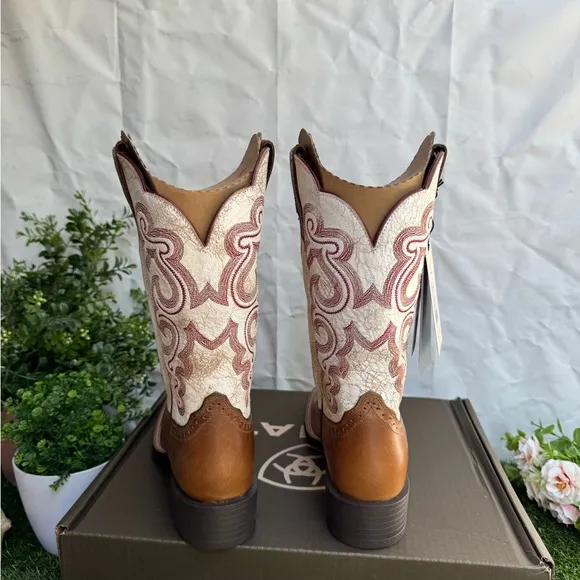 ARIAT WOMEN'S QUICKDRAW WESTERN BOOTS - SQUARE TOE Brown and Cream New Sz 7.5