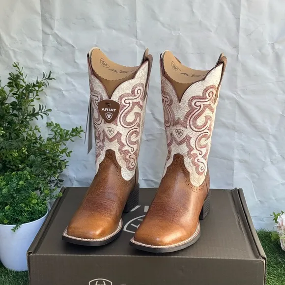 ARIAT WOMEN'S QUICKDRAW WESTERN BOOTS - SQUARE TOE Brown and Cream New Sz 7.5