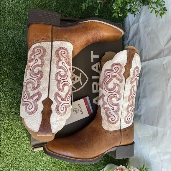 ARIAT WOMEN'S QUICKDRAW WESTERN BOOTS - SQUARE TOE Brown and Cream New Sz 7.5