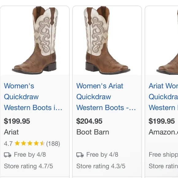 ARIAT WOMEN'S QUICKDRAW WESTERN BOOTS - SQUARE TOE Brown and Cream New Sz 7.5