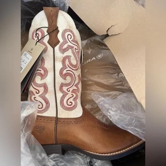 ARIAT WOMEN'S QUICKDRAW WESTERN BOOTS - SQUARE TOE Brown and Cream New Sz 7.5