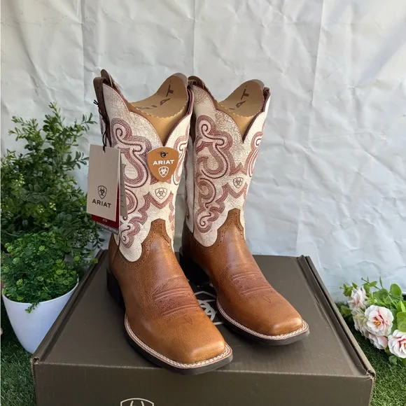 ARIAT WOMEN'S QUICKDRAW WESTERN BOOTS - SQUARE TOE Brown and Cream New Sz 7.5