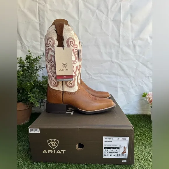 ARIAT WOMEN'S QUICKDRAW WESTERN BOOTS - SQUARE TOE Brown and Cream New Sz 7.5