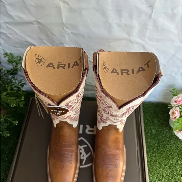 ARIAT WOMEN'S QUICKDRAW WESTERN BOOTS - SQUARE TOE Brown and Cream New Sz 7.5