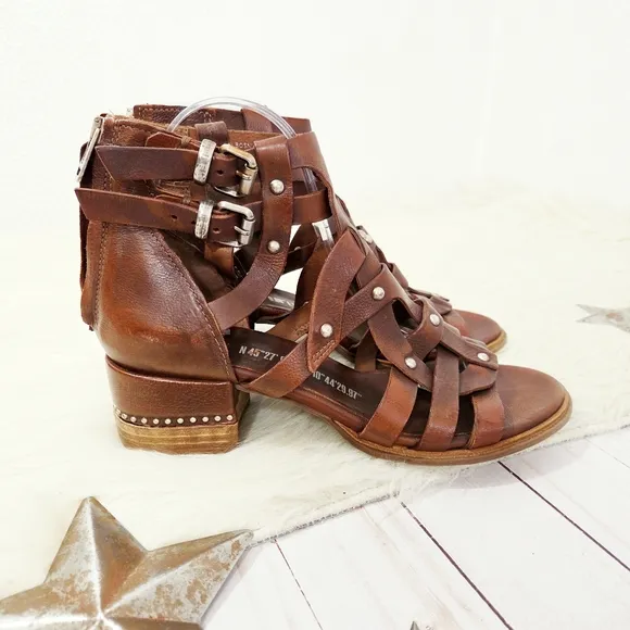 A.S.98 Maeve Block Heel Sandals Dark Brown Studded Woven Leather Size 39
