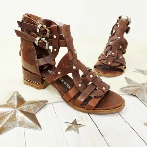 A.S.98 Maeve Block Heel Sandals Dark Brown Studded Woven Leather Size 39