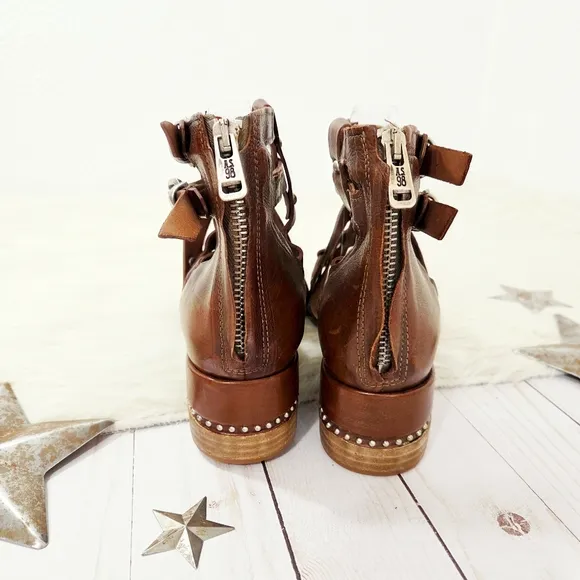 A.S.98 Maeve Block Heel Sandals Dark Brown Studded Woven Leather Size 39