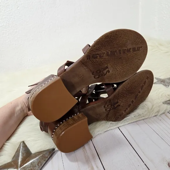 A.S.98 Maeve Block Heel Sandals Dark Brown Studded Woven Leather Size 39