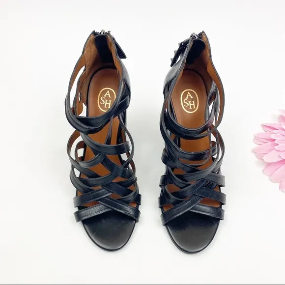 Ash Excelsior Leather Strappy Studded Block Heeled Cage Sandals: Black