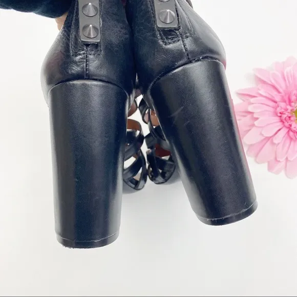 Ash Excelsior Leather Strappy Studded Block Heeled Cage Sandals: Black
