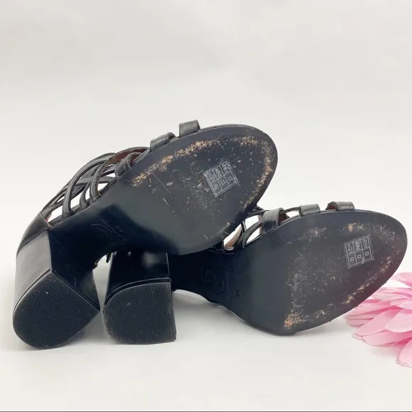 Ash Excelsior Leather Strappy Studded Block Heeled Cage Sandals: Black