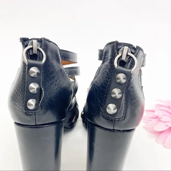 Ash Excelsior Leather Strappy Studded Block Heeled Cage Sandals: Black