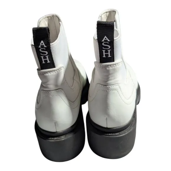 Ash Mastro White Leather Retro Chunky Lug Sole Chelsea Ankle Boots Sz 40 9.5