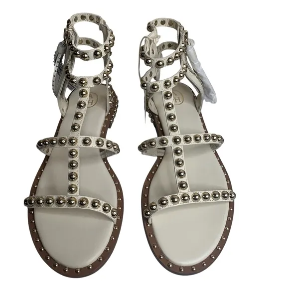 Ash Women's sz 38 White Pristine Leather Update Play Studded Sandals New in box
