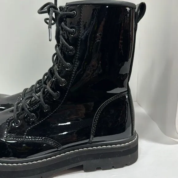 Avenger Combat Chunky Black Patent Leather Witchy Goth Grunge Lace Up Boots