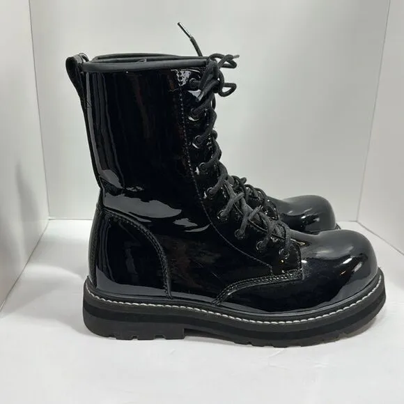Avenger Combat Chunky Black Patent Leather Witchy Goth Grunge Lace Up Boots