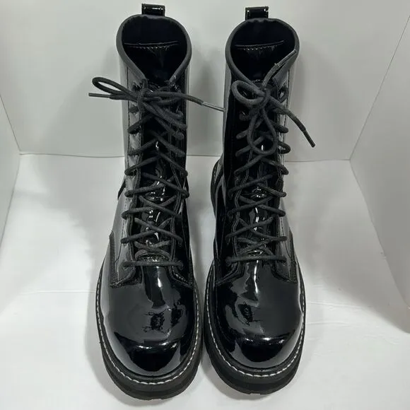 Avenger Combat Chunky Black Patent Leather Witchy Goth Grunge Lace Up Boots