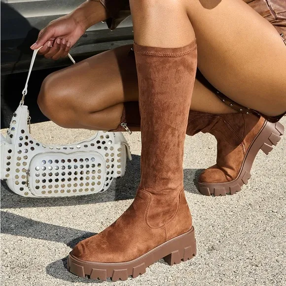Azalea Wang Brown Suede Stretch Knee High Boots