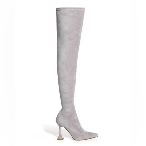 Azalea Wang Gray Suede Thigh High Stretch Over The Knee High Heel Boots