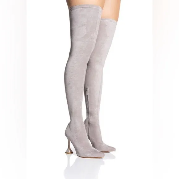 Azalea Wang Gray Suede Thigh High Stretch Over The Knee High Heel Boots