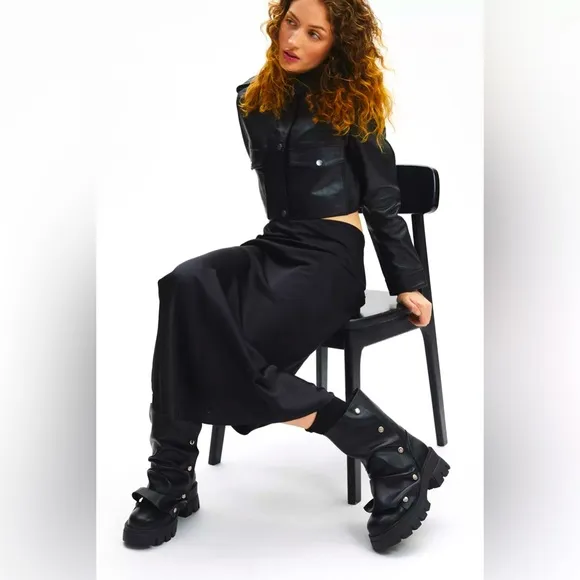Azelea Wang Black Leather Biker Boots Size 7.5
