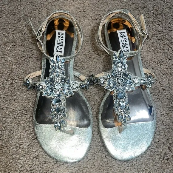 BADGLEY MISCHKA Cara II Crystal Embellished Flat Sandal Rhinestone Bling 7