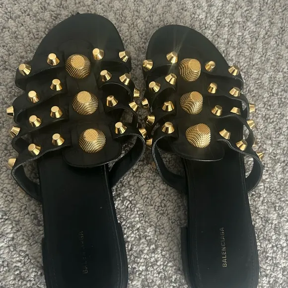 BALENCIAGA Agneau Black and Gold Studded Women's Sandals, Size 38
