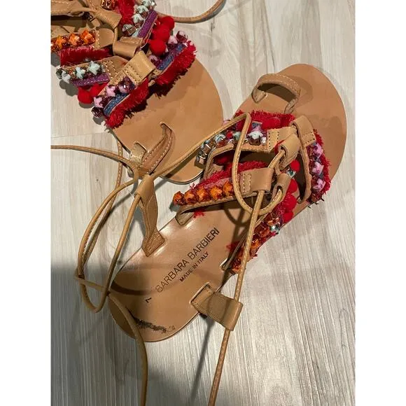 Barbara Barbieri Italian leather gladiator embellished lace up sandals size 7