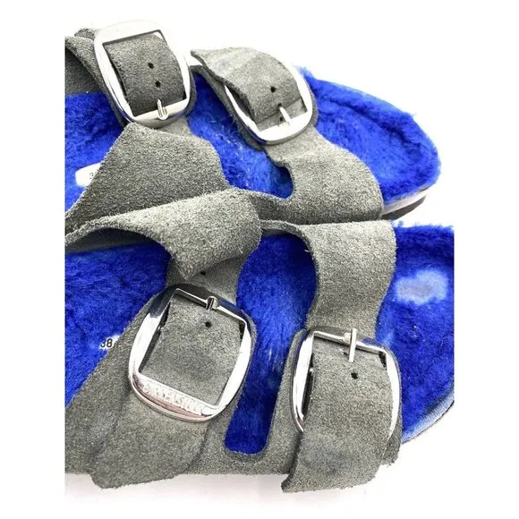 Barneys NY X Birkenstock Collab Arizona Electric Blue Fur Sandals Womens 7 Men 5