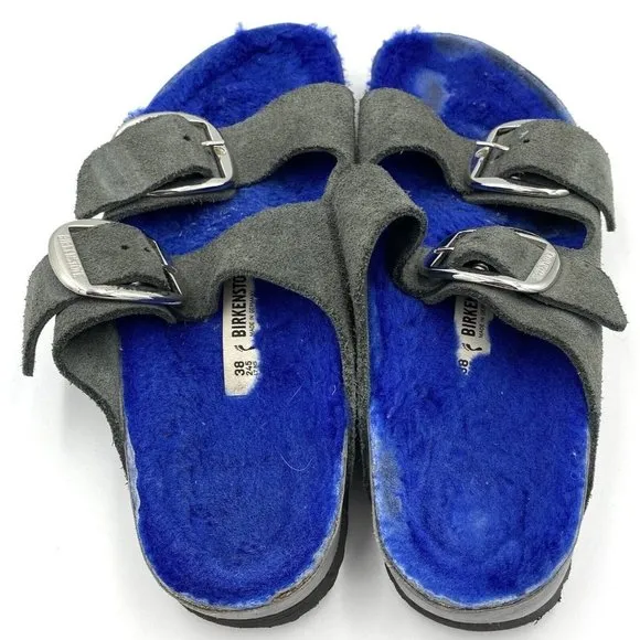 Barneys NY X Birkenstock Collab Arizona Electric Blue Fur Sandals Womens 7 Men 5