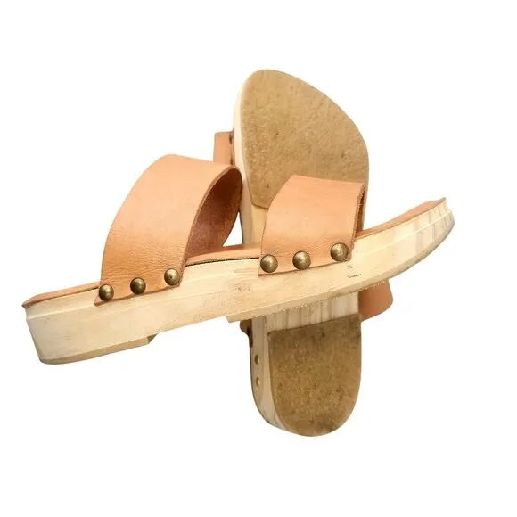 Beek Wood Clog Leather Sandals Womens Size 7.5 Natural Tan Double Strap Slip On