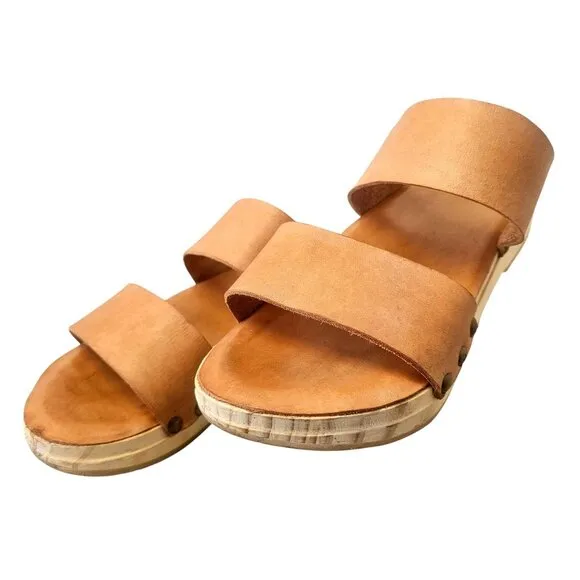 Beek Wood Clog Leather Sandals Womens Size 7.5 Natural Tan Double Strap Slip On