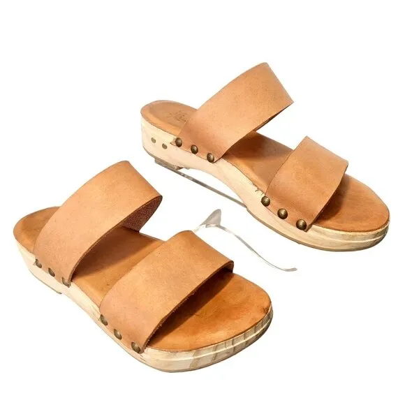Beek Wood Clog Leather Sandals Womens Size 7.5 Natural Tan Double Strap Slip On
