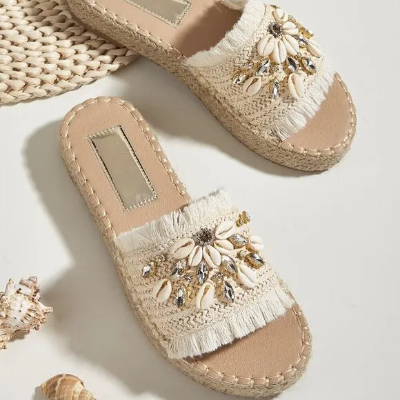 Beige Vacation Women's Rhinestone &amp; Shell Decor Espadrille Sandals