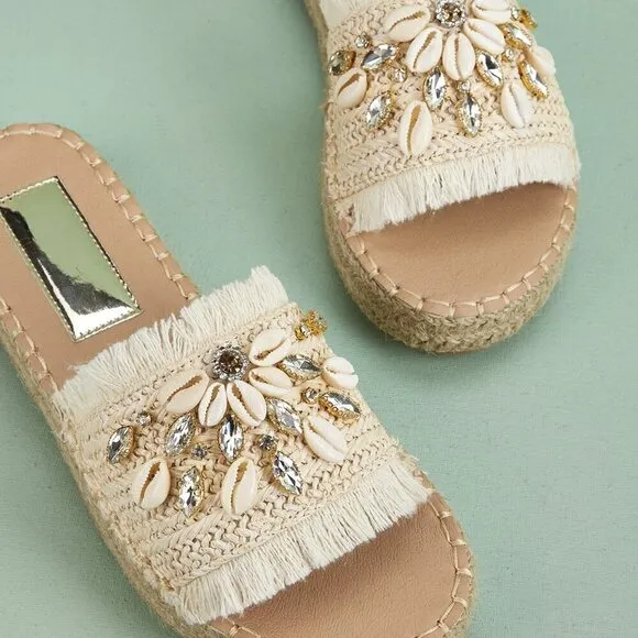 Beige Vacation Women's Rhinestone &amp; Shell Decor Espadrille Sandals