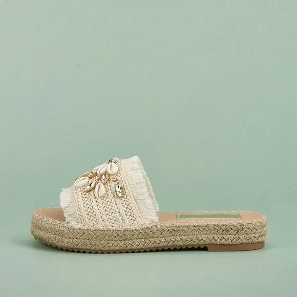 Beige Vacation Women's Rhinestone &amp; Shell Decor Espadrille Sandals